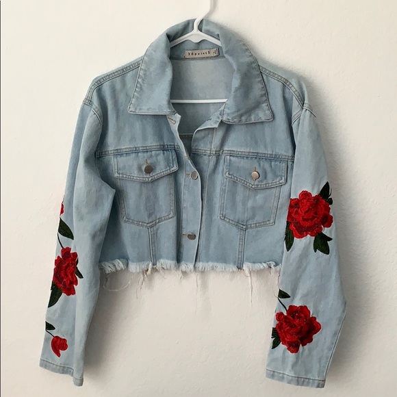 36 Point 5 Jackets & Blazers - 36 Point 5 Denim Cropped Jacket Flower Embroidery